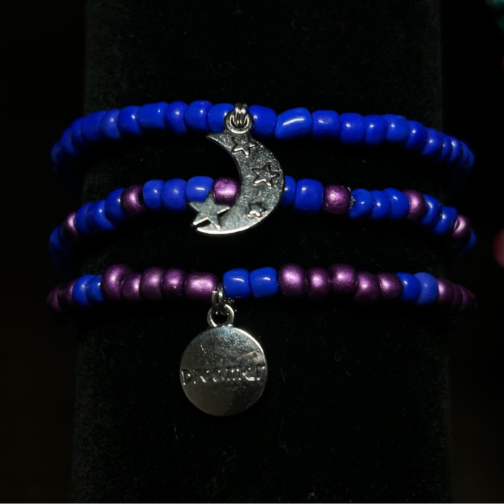 Blue and Purple Beaded Bracelet Set with Silver Moon and Dreamer Charms